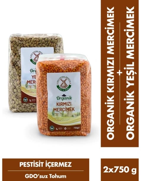 Organik Kırmızı Mercimek 750 g + Organik Yeşil Mercimek 750 g Seti