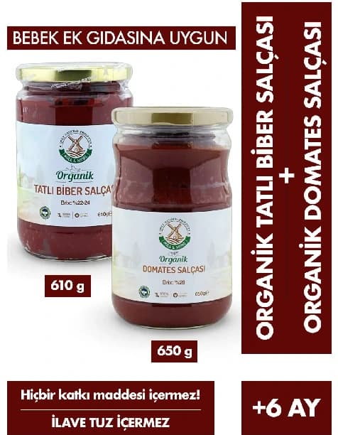 Organik Tuzsuz Domates Salçası 650 g + Organik Tuzsuz Tatlı Biber Salçası 610 g Seti
