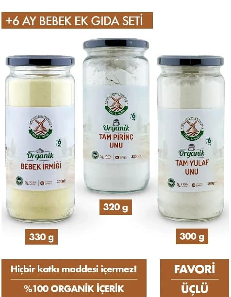 +6 Ay Set - Organik Tam Pirinç Unu 320 g + Organik Bebek İrmiği 330 g + Organik Tam Yulaf Unu 300 g