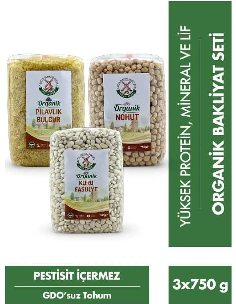 Bakliyat Seti - Organik Pilavlık Bulgur 750 G Organik Nohut 750 G Organik Kuru Fasulye 750 G