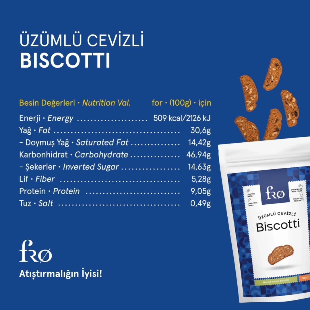 FRO 3'lü Üzümlü Cevizli Biscotti Kurabiye Sağlıklı Atıştırmalık Lif Kaynağı 3x50gr