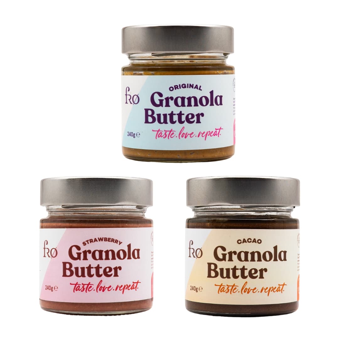 FRO 3'lü Granola Butter Çilek ve Granola Butter Original ve Granola butter Cacao Glutensiz Şekersiz Vegan Sürülebilir Kahvaltılık 3x240gr