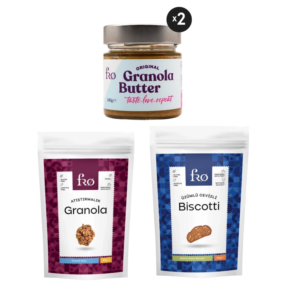 FRO 4'lü 2 x Granola Butter Original, Atıştırmalık Granola, Üzümlü Cevizli Biscotti Seti Sağlıklı Atıştırmalık