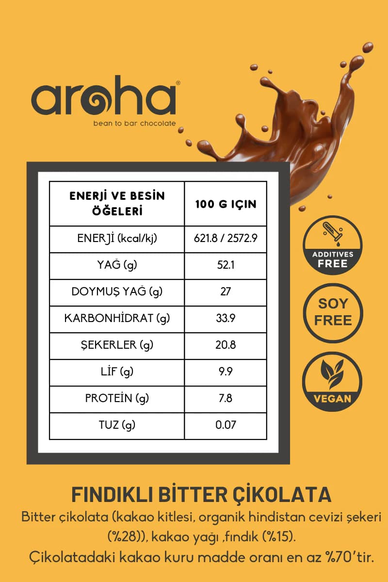 %70 Kakao Fındıklı Bitter Çikolata Organik Hindistan Cevizi Şekerli 40 g