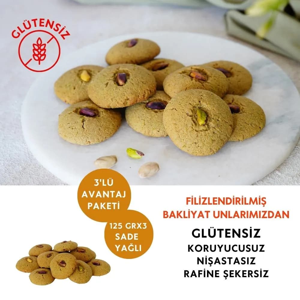 Glutensiz Bol Antep Fıstıklı Baklava Kurabiyesi 3'lü Avantaj Paketi (125 gr x3)