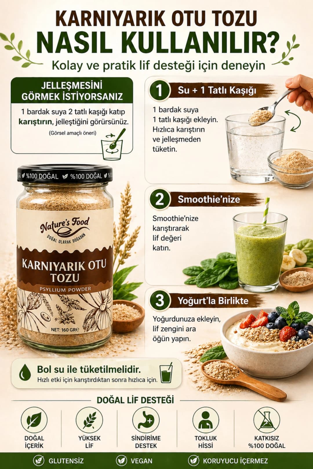 Karnıyarık Otu Tozu İçim (Psyllium) 160g | Yüksek Lif | Sindirim & Bağırsak Dostu | Glutensiz |