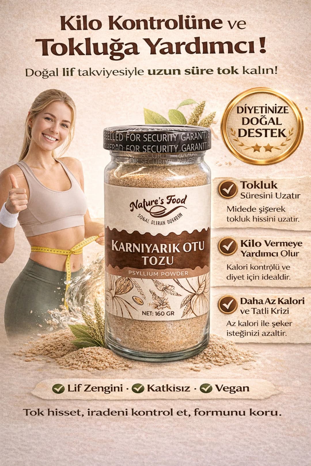 Karnıyarık Otu Tozu İçim (Psyllium) 160g | Yüksek Lif | Sindirim & Bağırsak Dostu | Glutensiz |