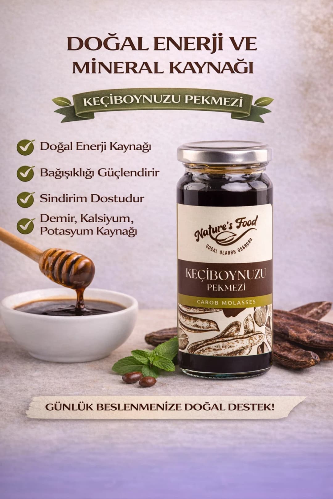 Keçiboynuzu Pekmezi 315g | Katkısız Doğal | Enerji ve Mineral Kaynağı | Cam Şişe