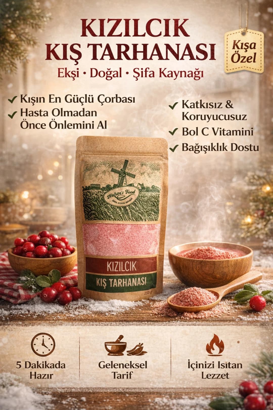 Kızılcık Kış Tarhanası 250g – Katkısız, Koruyucusuz, Doğal Bağışıklık Çorbası, Bol C Vitamini