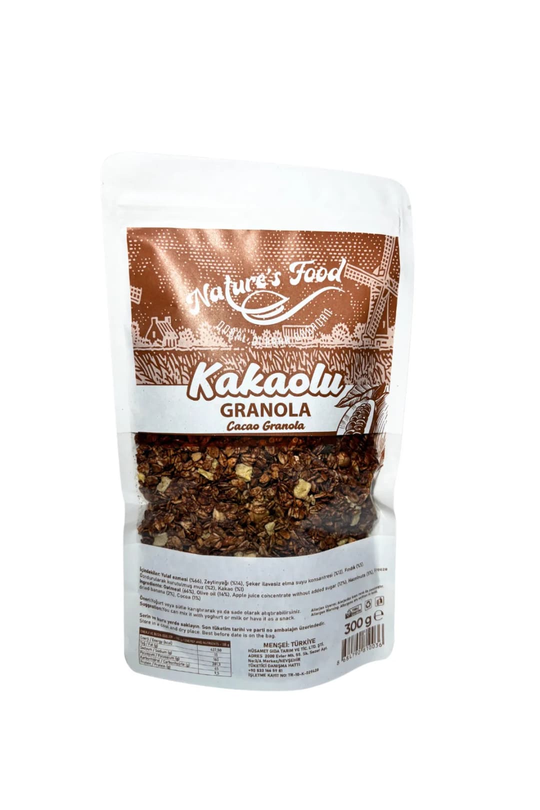 Kakaolu Granola 300gr Katkısız koruyucusuz A kalite ürünlerden hazırlanmış doğal içerik.