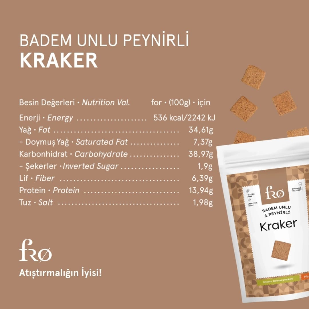Fro 3'lü Badem Unlu Peynirli Kraker Glutensiz Doyurucu Sağlıklı Katkısız Atıştırmalık