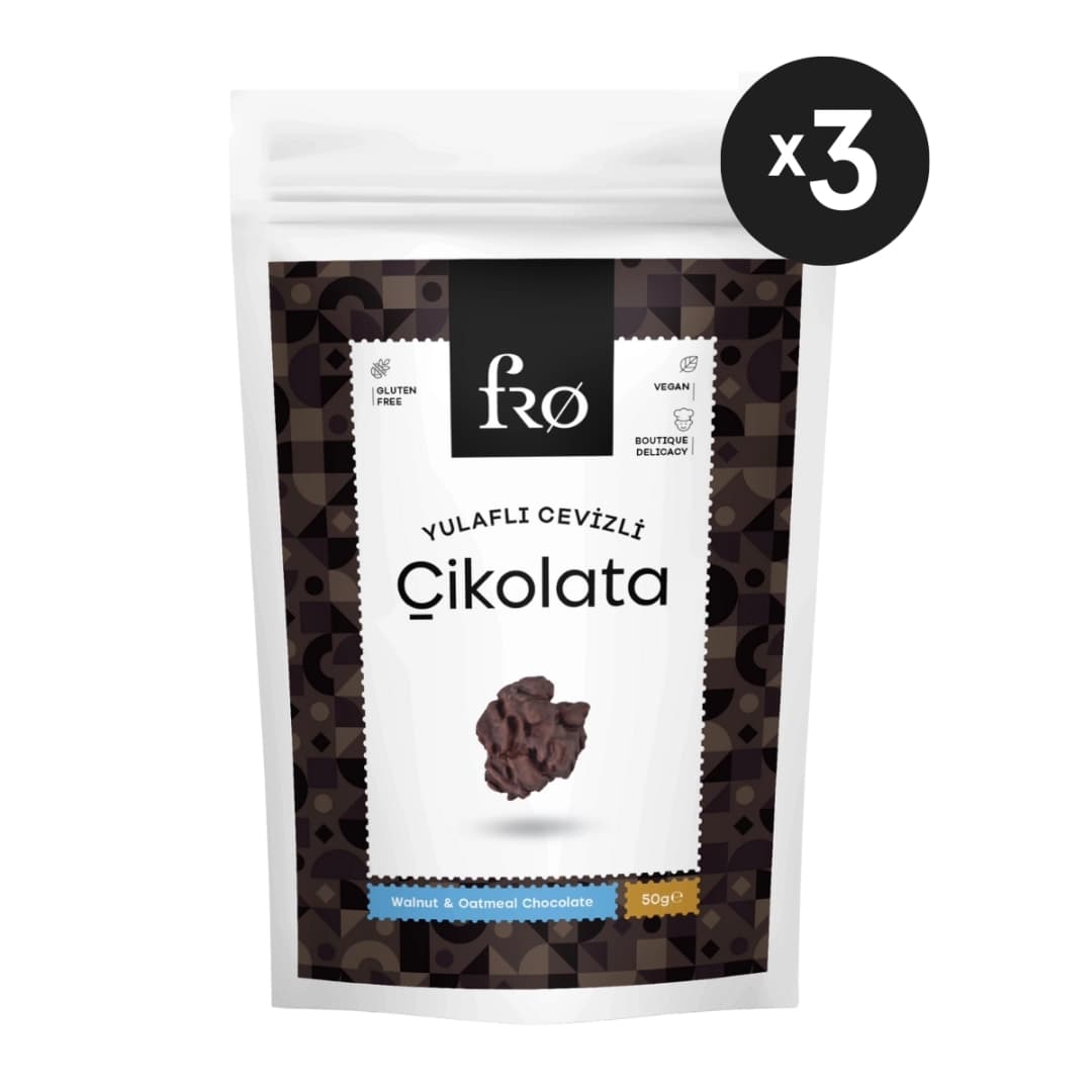 FRO 3'lü Paket Yulaflı Cevizli Çikolata Vegan Glutensiz Şekersiz Sağlıklı Atıştırmalık 3x50gr