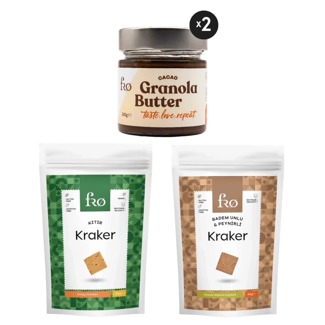 FRO 4'lü - 2x Granola Butter Cacao, Kıtır Kraker, Badem Unlu Peynirli Kraker Paketi Sağlıklı Atıştırmalık