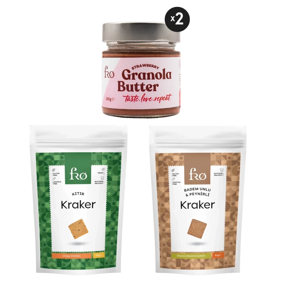 FRO 4'lü - 2x Granola Butter Çilek, Kıtır Kraker, Badem Unlu Peynirli Kraker Paketi Sağlıklı Atıştırmalık
