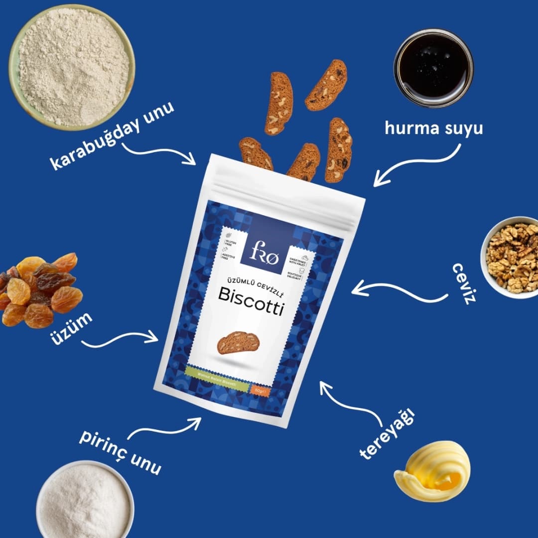 FRO 5'li Üzümlü Cevizli Biscotti Kurabiye Sağlıklı Atıştırmalık Lif Kaynağı 5x50gr
