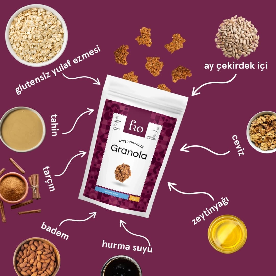 FRO 5li Atıştırmalık Granola Vegan Glutensiz Şekersiz Atıştırmalık Sağlıklı Katkısız Granola 5x50gr