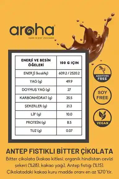 %70 Kakao Antep Fıstıklı Bitter Çikolata Organik Hindistan Cevizi Şekerli 40 g