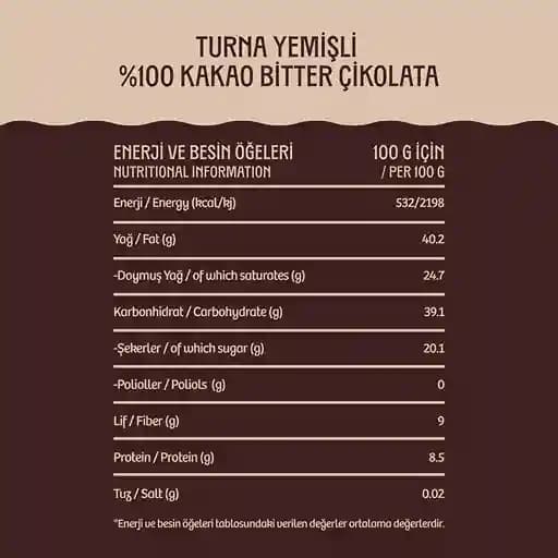 %100 Kakao Turna Yemişli Şeker İlavesiz Bitter Çikolata - 110 g
