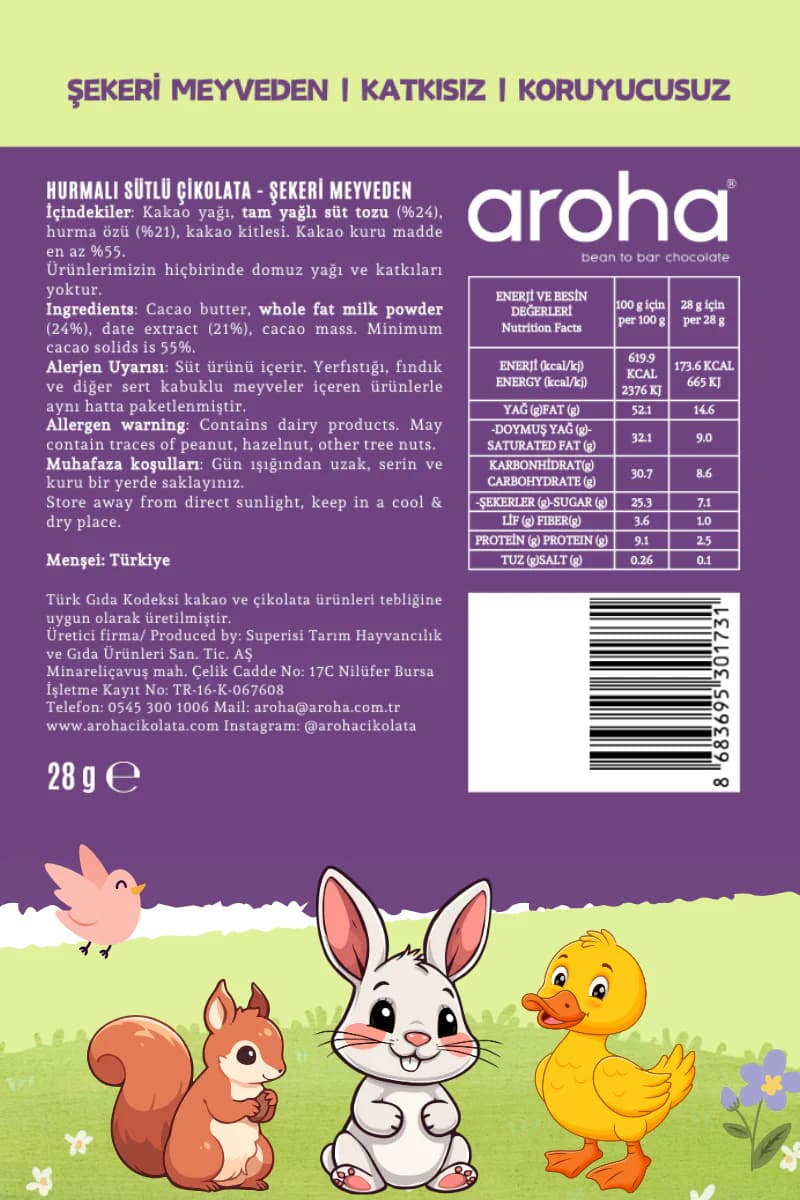 Hurmalı Sütlü Çikolata 28 gr | Şekeri Meyveden | Aroha Kids