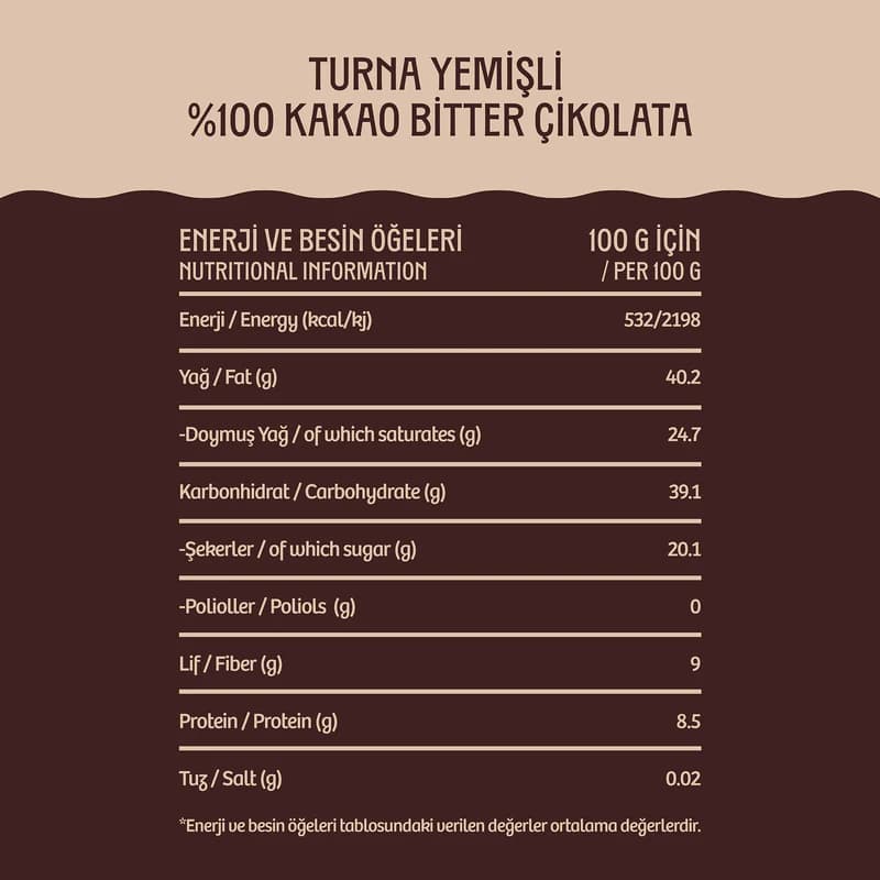 %100 Kakao Turna Yemişli Şeker İlavesiz Bitter Çikolata - 110 g